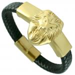 Gold PVD Stainless Steel & Leather Bracelet W/ Lion Head